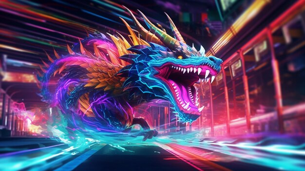 Eine Nahaufnahme eines Drachen mit einem Neon-Hintergrund