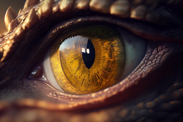 Eine Nahaufnahme eines Drachenauges mit einem goldenen Auge
