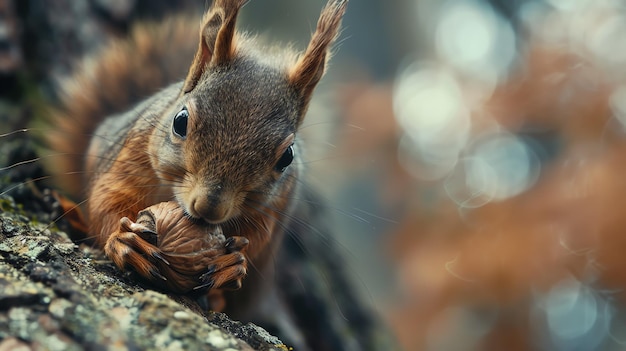 Foto eine nahaufnahme eines eichhörnchens mit einer nuss in den pfoten das eichhörnchen sitzt auf einem baumzweig der hintergrund ist verschwommen