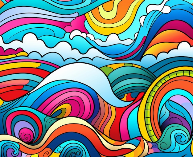 eine Nahaufnahme eines farbenfrohen abstrakten Gemäldes mit Wellen und Wolken, generativer KI