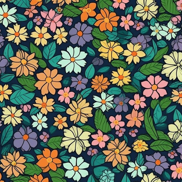 Eine Nahaufnahme eines farbenfrohen Blumenmusters auf einem dunklen Hintergrund, generative KI