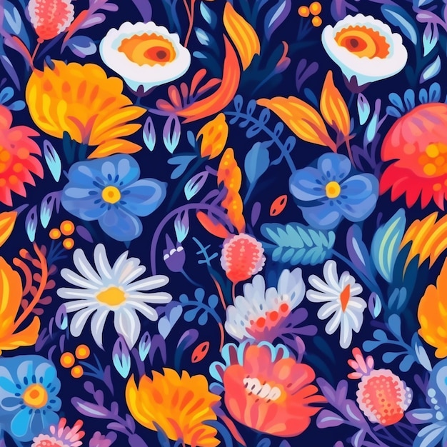 Eine Nahaufnahme eines farbenfrohen Blumenmusters auf einem generativen KI-Hintergrund mit blauem Hintergrund