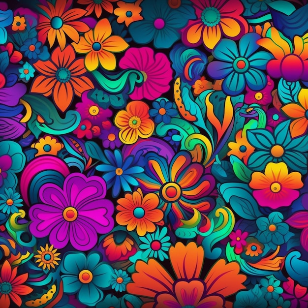 Eine Nahaufnahme eines farbenfrohen Blumenmusters mit vielen verschiedenen generativen Farben