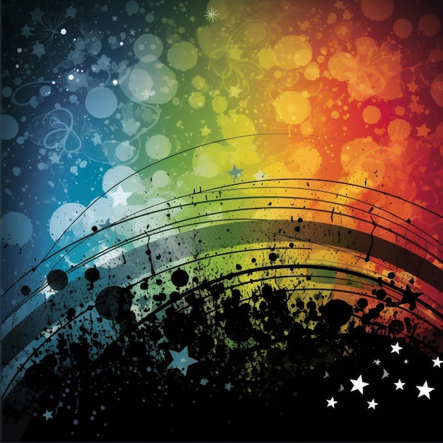 Eine Nahaufnahme eines farbenfrohen Hintergrunds mit Sternen und generativen Musiknoten