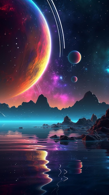 Eine Nahaufnahme eines farbenfrohen Planeten mit einem See und Bergen im Hintergrund, generative KI