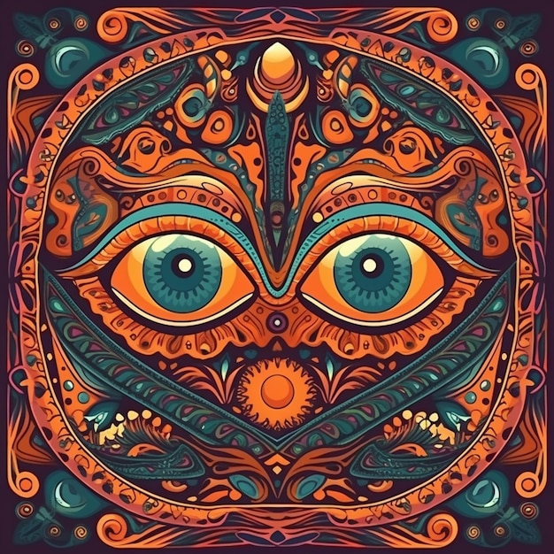 Eine Nahaufnahme eines farbenfrohen psychedelischen Designs mit einer generativen Augen-KI