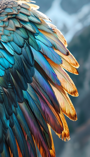 eine Nahaufnahme eines farbenfrohen Vogelflügels