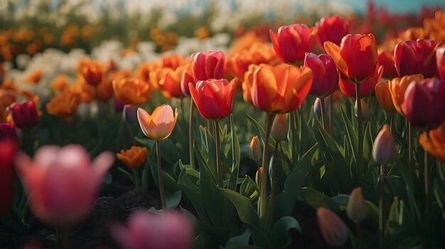 Foto eine nahaufnahme eines feldes farbenfroher tulpen