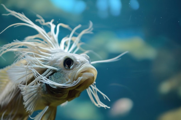 Eine Nahaufnahme eines Fisches mit langen weißen Haaren im Wasser ai