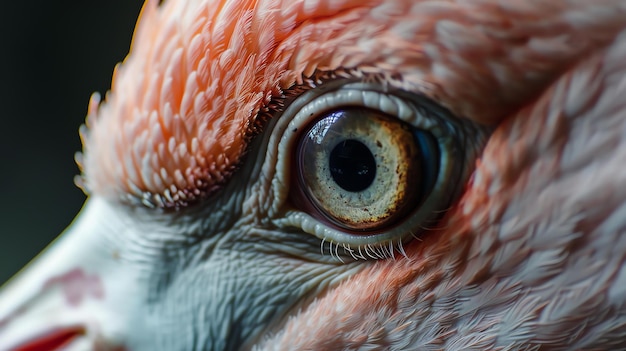 Eine Nahaufnahme eines Flamingos Auges Das Auge ist dunkelbraun mit einem gelben Ring um die Pupille Die Flamingos Augenbissen sind lang und weiß