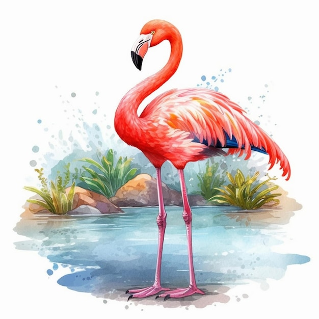 Eine Nahaufnahme eines Flamingos, der im Wasser in der Nähe eines Felsens steht