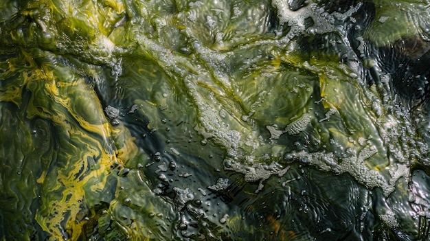 Eine Nahaufnahme eines flockenhaften und verfärbten Baches, dessen einst kristallklares Wasser jetzt von blühendem Wasser verdeckt wird