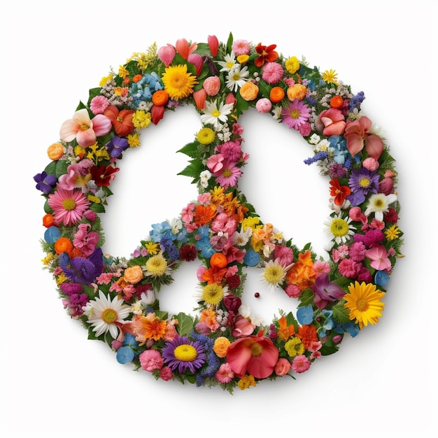 eine Nahaufnahme eines Friedenszeichens aus Blumen auf weißem Hintergrund, generative KI