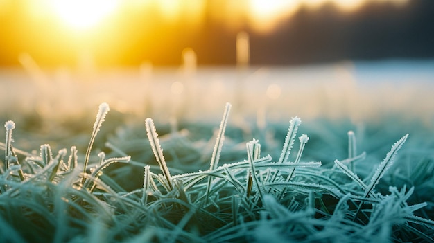 eine Nahaufnahme eines frostbedeckten Grases mit einer Sonne im Hintergrund Generative KI