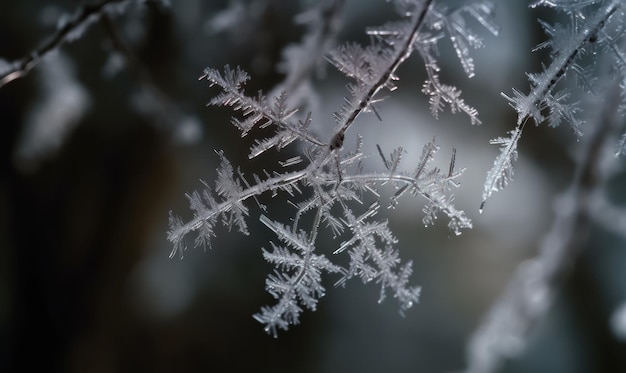 Eine Nahaufnahme eines frostigen Zweiges