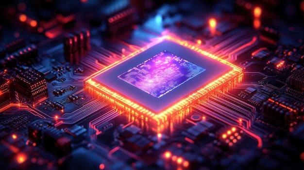 Eine Nahaufnahme eines futuristischen Mikrochips, der mit lebendigen Farben auf einer Leiterplatte leuchtet