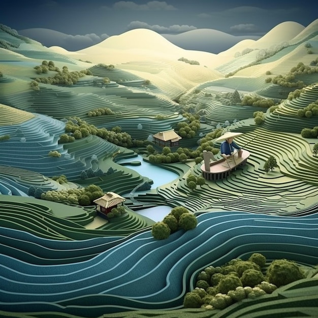 eine Nahaufnahme eines Gemäldes eines Flusses und eines kleinen Dorfes mit generativer KI