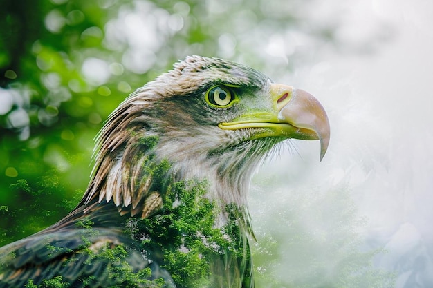 Foto eine nahaufnahme eines greifvogels mit bäumen im hintergrund