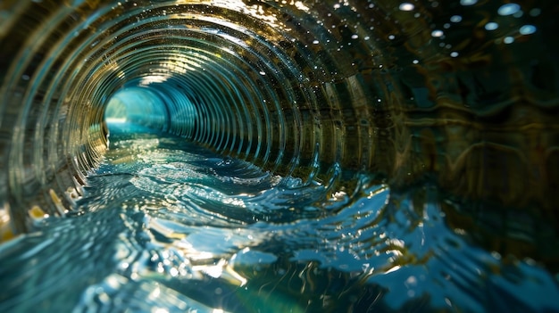 Eine Nahaufnahme eines großen unterirdischen Reservoirs zeigt, wie klares, sauberes Wasser in die