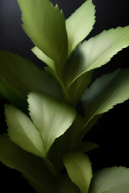 Eine Nahaufnahme eines grünen Blattes auf einem schwarzen Hintergrund