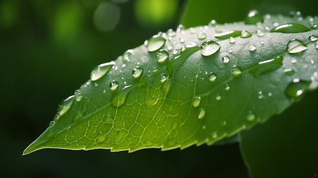 Eine Nahaufnahme eines grünen Blattes mit Wassertröpfchen darauf