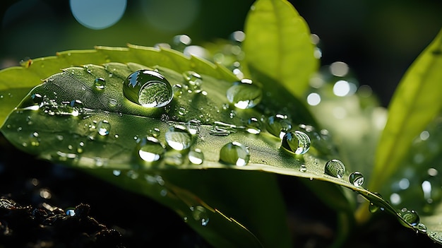 eine Nahaufnahme eines grünen Blattes mit Wassertropfen generativ ai