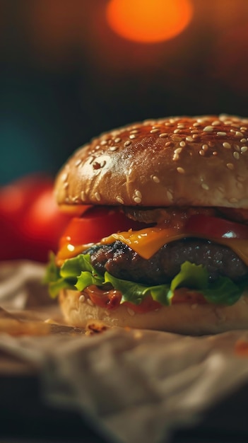 Eine Nahaufnahme eines Hamburgers mit Käse und Tomaten