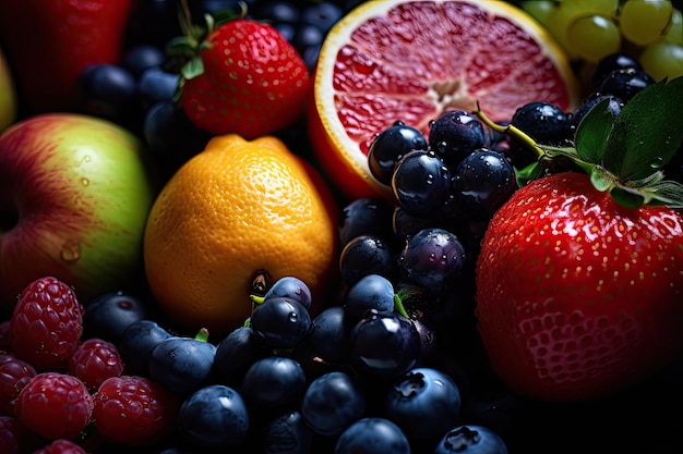 Eine Nahaufnahme eines Haufens Früchte, darunter Blaubeeren, Brombeeren, Brombeeren und eine Zitrone