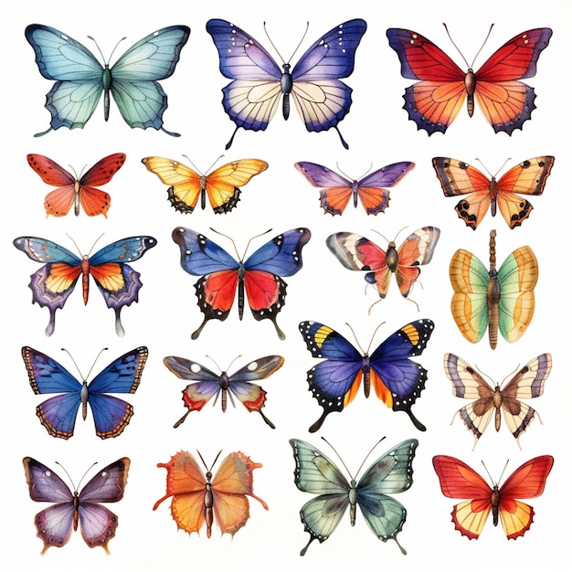 Eine Nahaufnahme eines Haufens verschiedenfarbiger Schmetterlinge auf einem weißen Hintergrund, generative KI