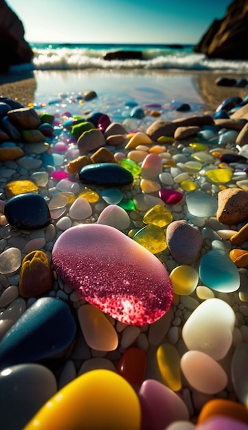 Eine Nahaufnahme eines herzförmigen Objekts an einem Strand mit generativen Steinen