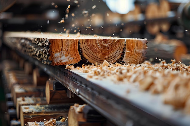 Eine Nahaufnahme eines Holzstücks, das mit einer Maschine in einer Fabrik mit viel Holz geschnitten wird, ein Puzzle