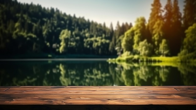 eine Nahaufnahme eines Holztisches mit einem See im Hintergrund, generative KI