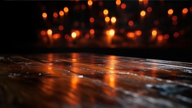 Eine Nahaufnahme eines Holztisches mit einem verschwommenen Hintergrund aus Lichtern