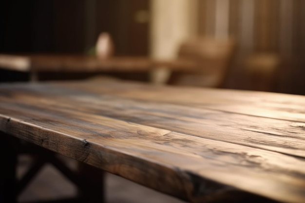 Eine Nahaufnahme eines Holztisches mit Stühlen im Hintergrund, generative KI