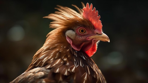 Eine Nahaufnahme eines Huhns mit rotem Kamm und gelbem Schnabel.