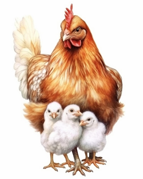 Eine Nahaufnahme eines Huhns mit zwei Küken auf weißem Hintergrund, generative KI