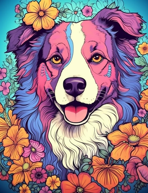 Eine Nahaufnahme eines Hundes mit Blumen auf blauem Hintergrund, generative KI