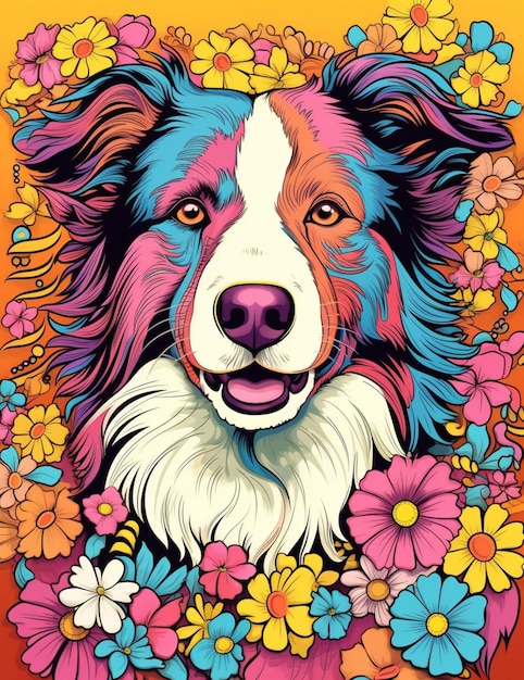 Eine Nahaufnahme eines Hundes mit Blumen auf gelbem Hintergrund, generative KI