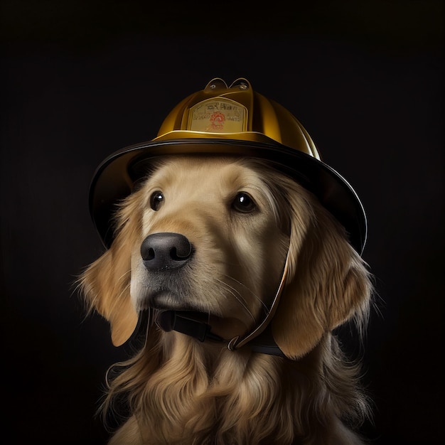 Eine Nahaufnahme eines Hundes mit Feuerwehrhut und generativer KI