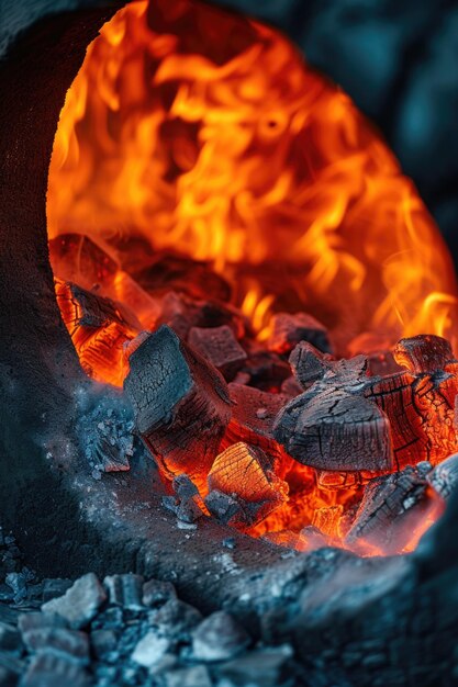 Foto eine nahaufnahme eines in einem ofen brennenden feuers dieses bild kann verwendet werden, um das kochen, backen oder erhitzen von speisen in einem traditionellen ofen darzustellen