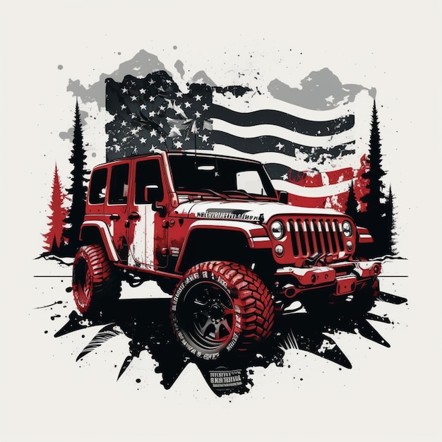 eine Nahaufnahme eines Jeeps mit einer amerikanischen Flagge generativ ai