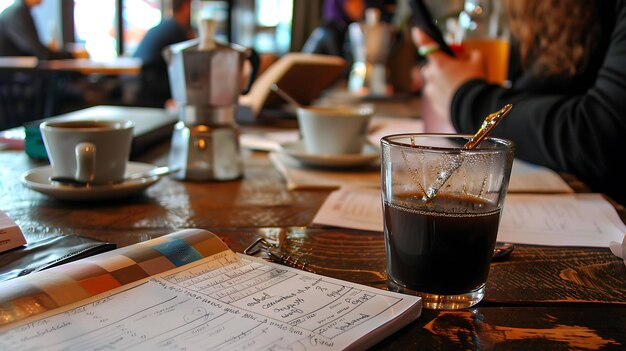 Eine Nahaufnahme eines Kaffeeglases auf einem Holztisch in einem Café. Im Hintergrund sind Leute, die reden und arbeiten.