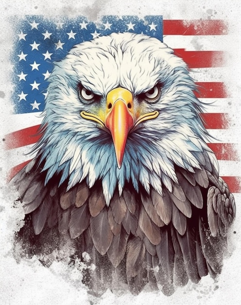 eine Nahaufnahme eines kahlköpfigen Adlers mit einer amerikanischen Flagge im Hintergrund generative ai