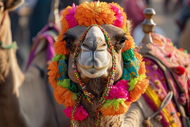 eine Nahaufnahme eines Kamels, das eine farbenfrohe Kopfbedeckung trägt