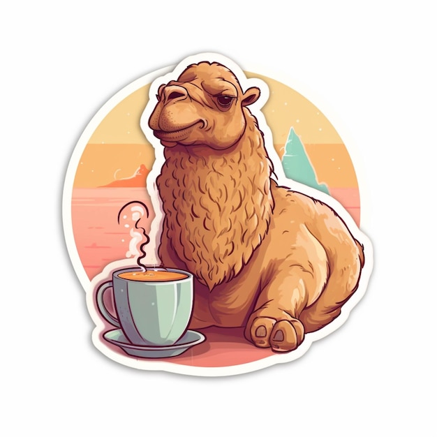 Eine Nahaufnahme eines Kamels mit einer Tasse Kaffee