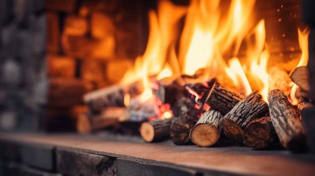 Eine Nahaufnahme eines Kamins mit Holzstämmen