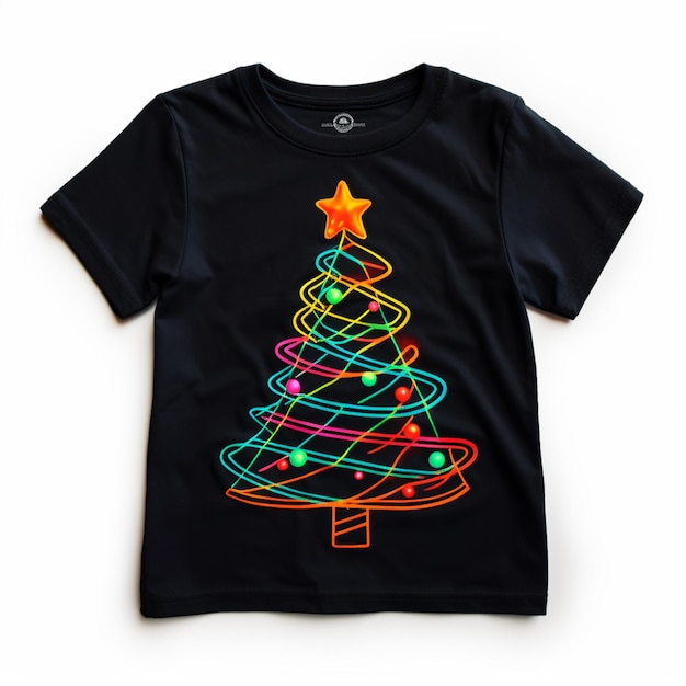 Eine Nahaufnahme eines Kinder-T-Shirts mit einem Weihnachtsbaum darauf. Generative KI