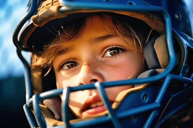 Eine Nahaufnahme eines Kindes, das einen Baseballhelm trägt Junge in einem Helm Sportschutzausrüstung Kindersport