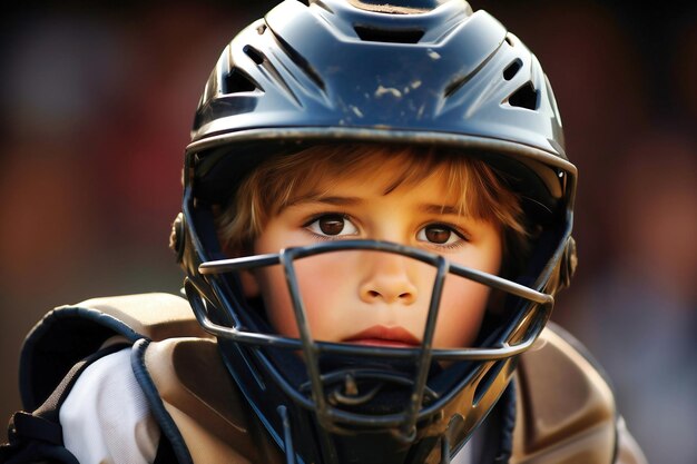 Eine Nahaufnahme eines Kindes, das einen Baseballhelm trägt