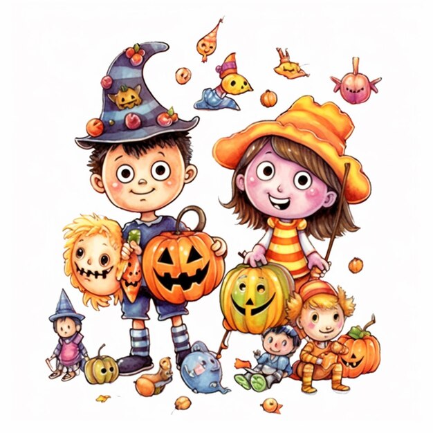 Eine Nahaufnahme eines Kindes und eines Jungen mit Halloween-Kostümen